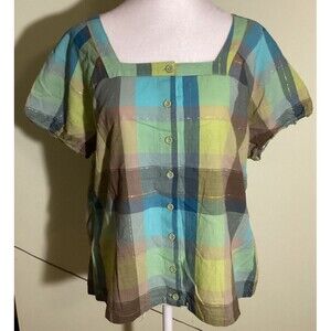 Christopher & Banks Women's Size L Plaid Short Sleeve Button-Up Square Neck Top